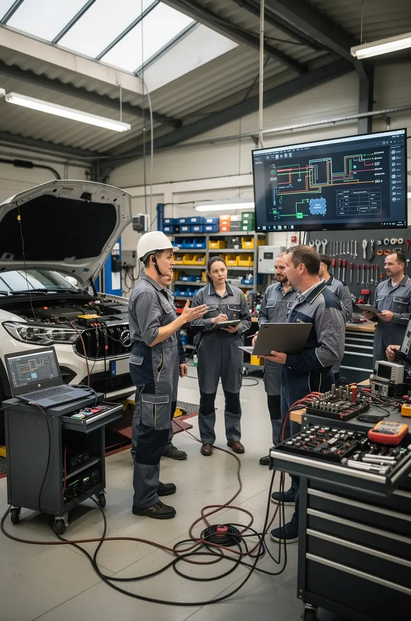 Technik autoelektrik opravuje palubný počítač vozidla v modernom servise na Slovensku.