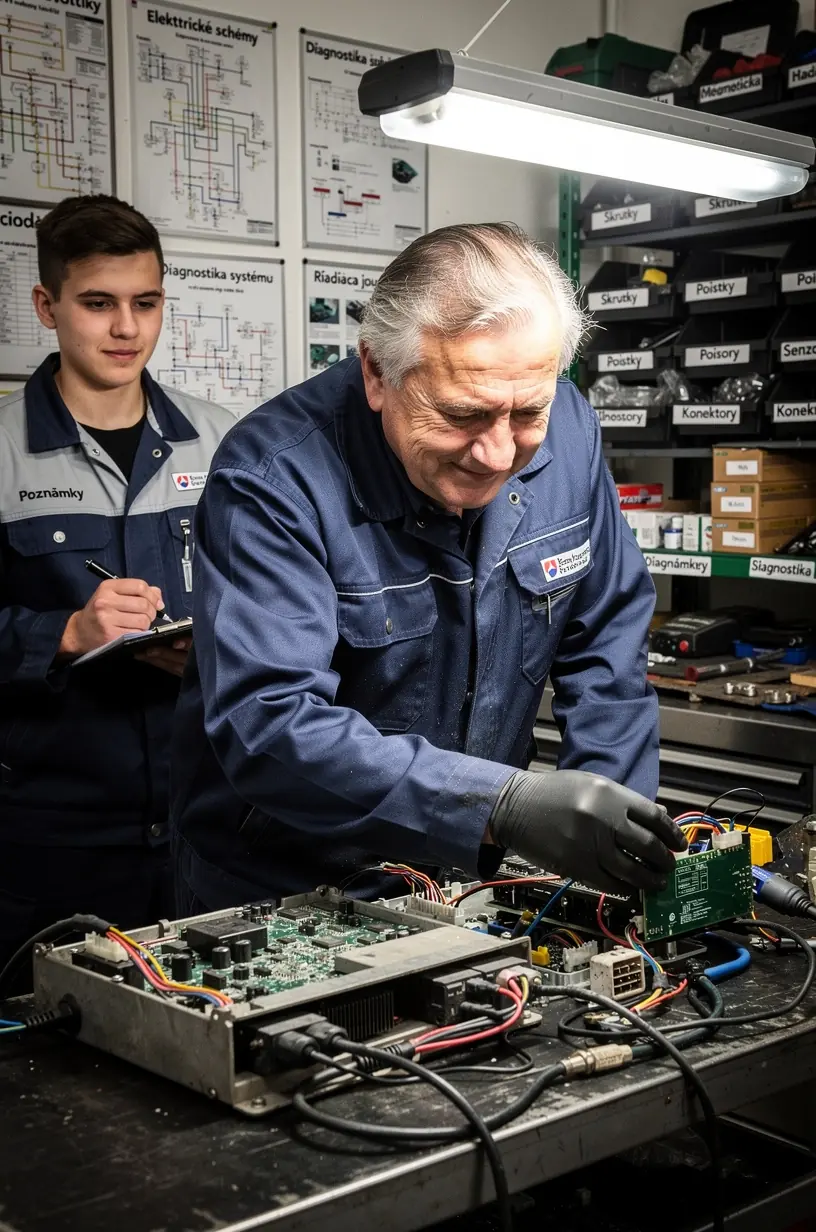 Špecialista vysvetľuje majiteľovi vozidla funkciu a výsledky diagnostiky elektroniky auta.